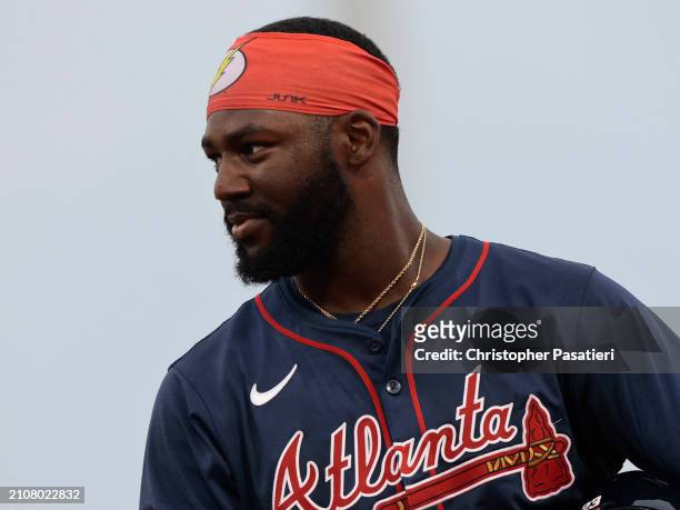 Michael Harris II of the Atlanta Braves look on as he stands on first base after walking during the top of the fourth inning of a spring training...
