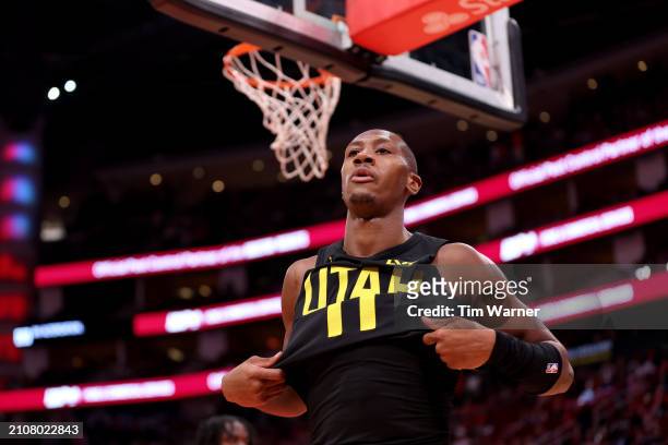 Kris Dunn of the Utah Jazz is ejected from the game in the first half against the Houston Rockets at Toyota Center on March 23, 2024 in Houston,...