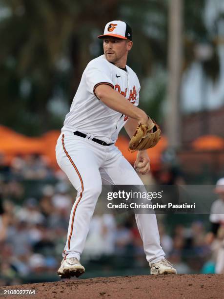 Ryan Hennen of the Baltimore Orioles pitches during a spring training game against the Atlanta Braves at Ed Smith Stadium on March 13, 2024 in...