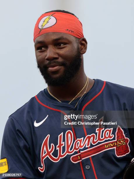 Michael Harris II of the Atlanta Braves look on as he stands on first base after walking during the top of the fourth inning of a spring training...