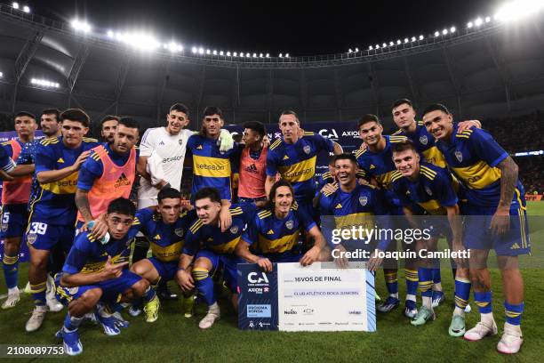 Edinson Cavani and Marcos Rojo of Boca Juniors hold the winner's check after a round of 64 match as part of Copa Argentina 2024 between Boca Juniors...