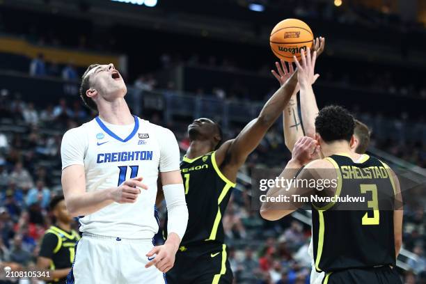 Ryan Kalkbrenner of the Creighton Bluejays reacts during the first half of a game against the Oregon Ducks in the second round of the NCAA Men's...