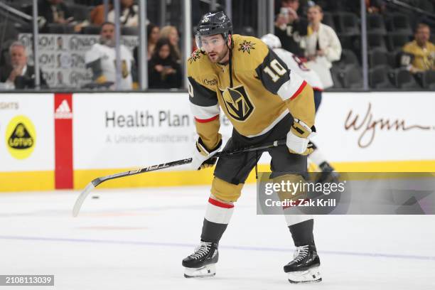 Nicolas Roy of the Vegas Golden Knights warms up prior to a game against the Columbus Blue Jackets at T-Mobile Arena on March 23, 2024 in Las Vegas,...