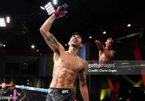 Fernando Padilla of Mexico reacts after his submission victory against Luis Pajuelo of Peru in a featherweight fight during the UFC Fight Night event...