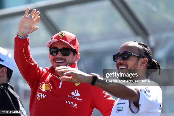 Charles Leclerc of Monaco and Ferrari and Lewis Hamilton of Great Britain and Mercedes talk on the drivers parade prior to the F1 Grand Prix of...