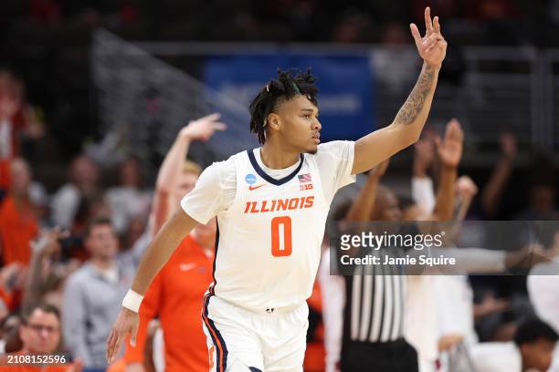 Terrence Shannon Jr. #0 of the Illinois Fighting Illini reacts after making a three-point basket during the second half against the Duquesne Dukes in...