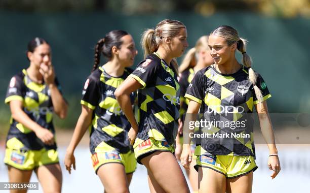 Wellington players warm up before the A-League Women round 21 match between Canberra United and Wellington Phoenix at McKellar Park, on March 24 in...