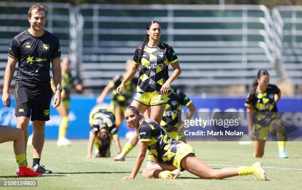 Wellington players warm up before the A-League Women round 21 match between Canberra United and Wellington Phoenix at McKellar Park, on March 24 in...