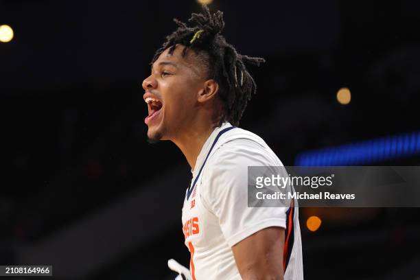 Terrence Shannon Jr. #0 of the Illinois Fighting Illini reacts during the second half against the Duquesne Dukes in the second round of the NCAA...