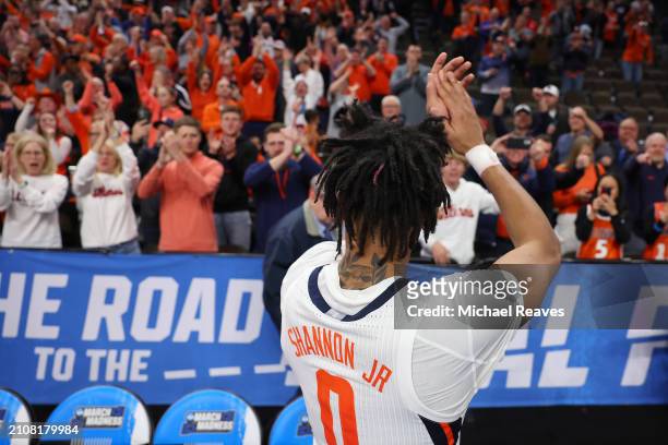 Terrence Shannon Jr. #0 of the Illinois Fighting Illini celebrates with fans after defeating the Duquesne Dukes 89-63 in the second round of the NCAA...