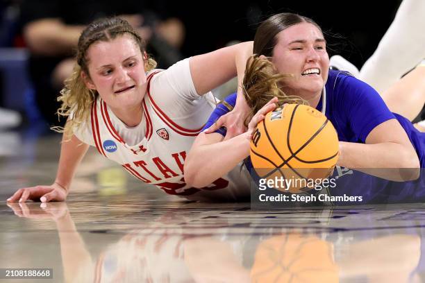 Matyson Wilke of the Utah Utes and Paige Meyer of the South Dakota State Jackrabbits dive for the ball in the first round of the NCAA Women's...