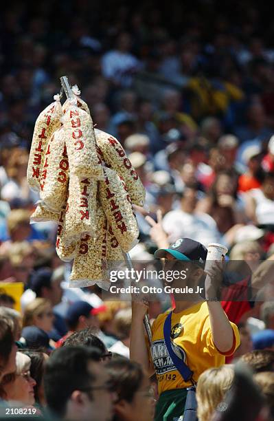 Vender sells kettle corn during the interleague game between the Seattle Mariners and the Atlanta Braves at Safeco Field on June 14, 2003 in Seattle,...