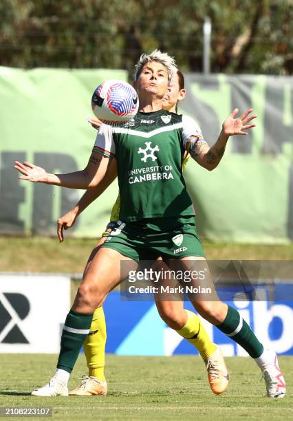 Michelle Heyman of Canberra United in action during the A-League Women round 21 match between Canberra United and Wellington Phoenix at McKellar...
