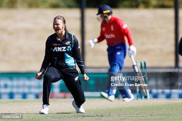 Susie Bates of the White Ferns celebrates taking a wicket in the last over.during game three of the T20 International series between New Zealand and...