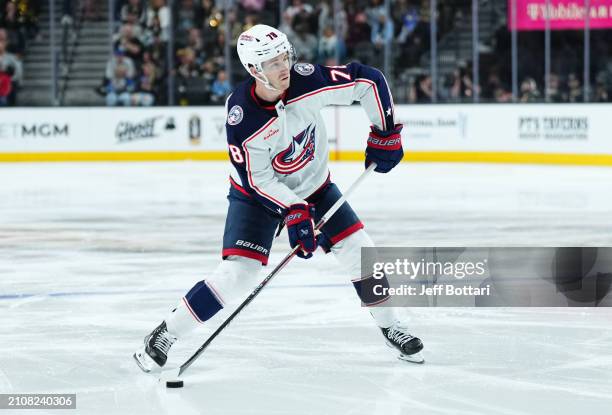 Damon Severson of the Columbus Blue Jackets skates during the second period against the Vegas Golden Knights at T-Mobile Arena on March 23, 2024 in...