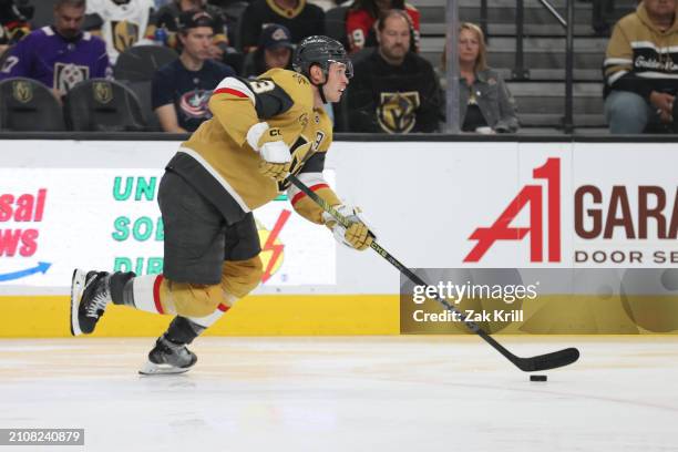 Brayden McNabb of the Vegas Golden Knights skates during the second period against the Columbus Blue Jackets at T-Mobile Arena on March 23, 2024 in...