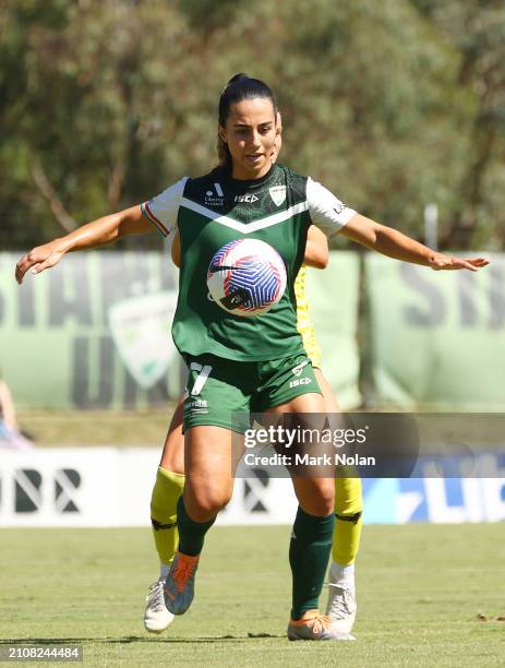 Vesna Milivojevic of Canberra United in action during the A-League Women round 21 match between Canberra United and Wellington Phoenix at McKellar...