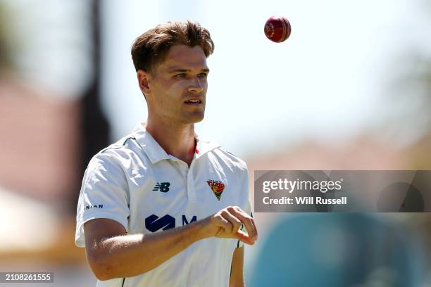 Ian Carlisle of Tasmania prepares to bowl during day four of the Sheffield Shield Final match between Western Australia and Tasmania at WACA, on...