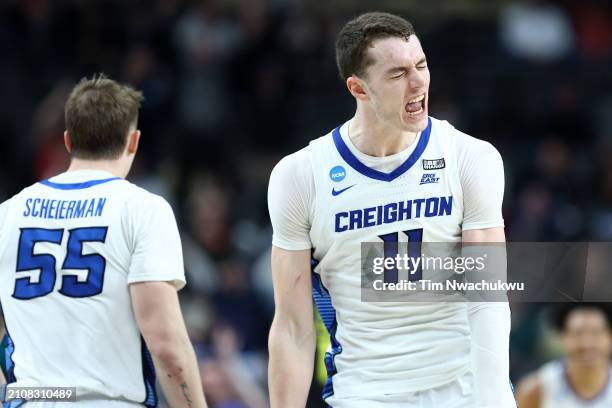 Ryan Kalkbrenner and Francisco Farabello of the Creighton Bluejays react during a second overtime of a game against the Oregon Ducks in the second...