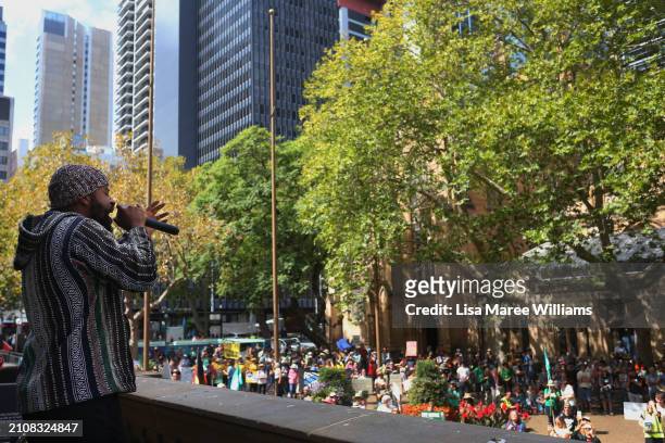 Hip-Hop artist Cocoa the Conscious performs during "March In March For Forests" on March 24, 2024 in Sydney, Australia. The "March in March for...