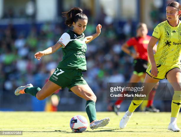 Vesna Milivojevic of Canberra United in action during the A-League Women round 21 match between Canberra United and Wellington Phoenix at McKellar...