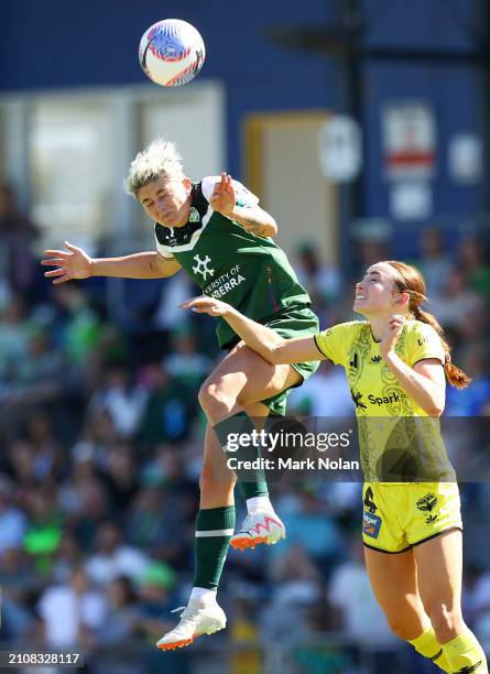 Michelle Heyman of Canberra United in action during the A-League Women round 21 match between Canberra United and Wellington Phoenix at McKellar...