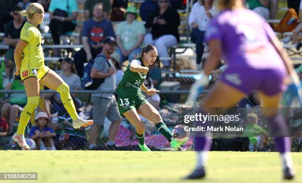 Sofia Christopherson of Canberra United in action during the A-League Women round 21 match between Canberra United and Wellington Phoenix at McKellar...