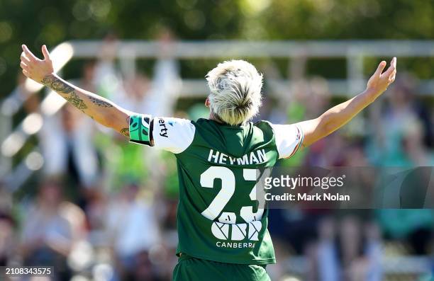 Michelle Heyman of Canberra United celebrates scoring a goalduring the A-League Women round 21 match between Canberra United and Wellington Phoenix...