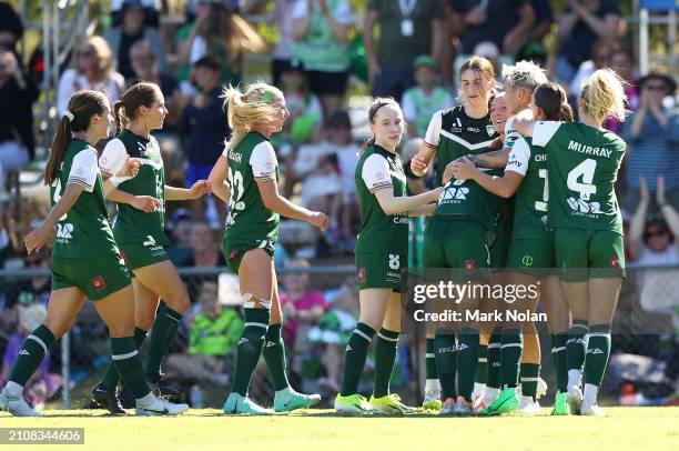 Canberra United players celebnrate a goal by Michelle Heyman during the A-League Women round 21 match between Canberra United and Wellington Phoenix...