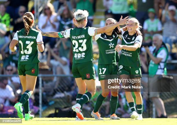 Michelle Heyman of Canberra United celebrates her goal with team mates during the A-League Women round 21 match between Canberra United and...