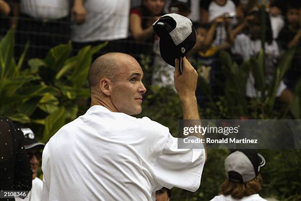 Danny Ferry of the San Antonio Spurs celebrates during the SBC 2003 Spurs Championship Celebration on June 18, 2003 at the Riverwalk in San Antonio,...