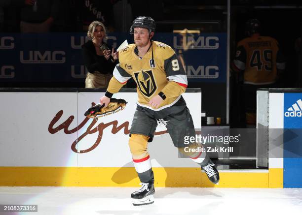 Jack Eichel of the Vegas Golden Knights is recognized as one of the stars of the game after the victory against the Columbus Blue Jackets at T-Mobile...