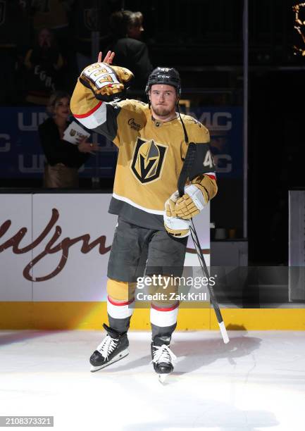 Ivan Barbashev of the Vegas Golden Knights is recognized as one of the stars of the game after the victory against the Columbus Blue Jackets at...