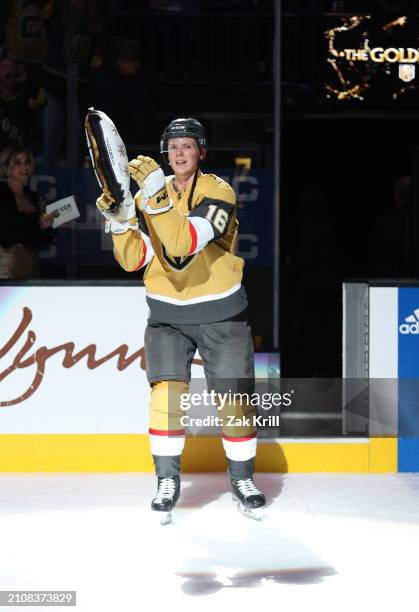 Pavel Dorofeyev of the Vegas Golden Knights is recognized as one of the stars of the game after the victory against the Columbus Blue Jackets at...