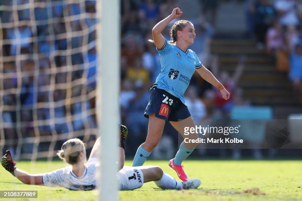 Caley Tallon-Henniker celebrates scoring a goal during the A-League Women round 21 match between Sydney FC and Adelaide United at Leichhardt Oval, on...