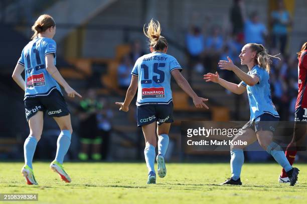 Mackenzie Hawkesby of Sydney FC celebrates scoring a goal during the A-League Women round 21 match between Sydney FC and Adelaide United at...