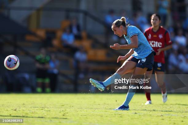Mackenzie Hawkesby of Sydney FC scores a goal during the A-League Women round 21 match between Sydney FC and Adelaide United at Leichhardt Oval, on...