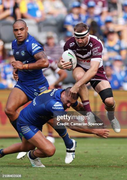 Lachlan Croker of the Sea Eagles jumps over a defender during the round three NRL match between Parramatta Eels and Manly Sea Eagles at CommBank...