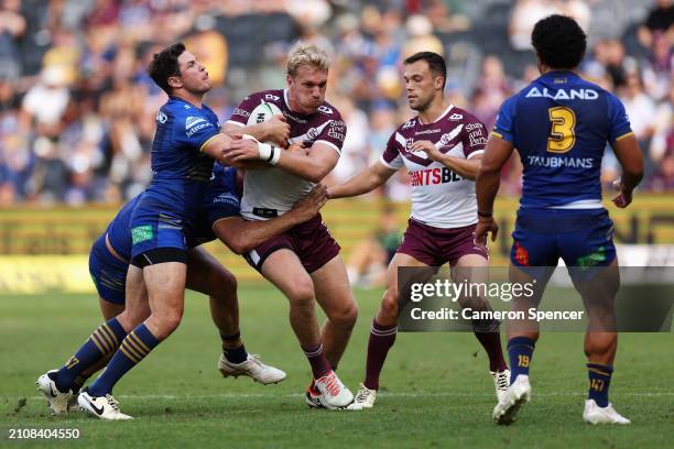 Ben Trbojevic of the Sea Eagles is tackled during the round three NRL match between Parramatta Eels and Manly Sea Eagles at CommBank Stadium, on...