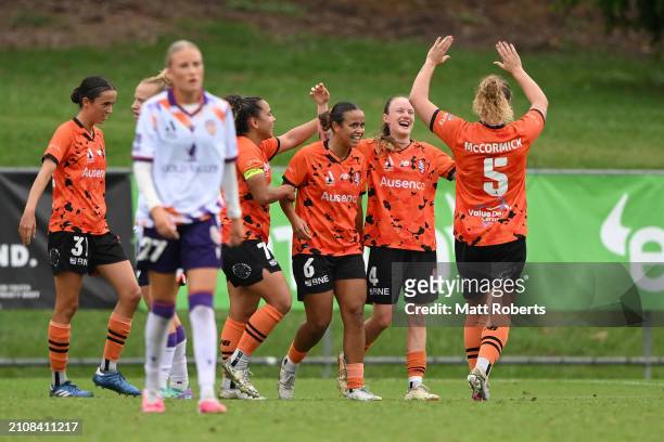 Kijah Stephenson of the Roar celebrates scoring a goal during the A-League Women round 21 match between Brisbane Roar and Perth Glory at Perry Park,...