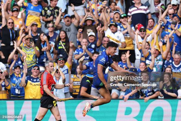 Blaize Talagi of the Eels celebrates scoring a try during the round three NRL match between Parramatta Eels and Manly Sea Eagles at CommBank Stadium,...