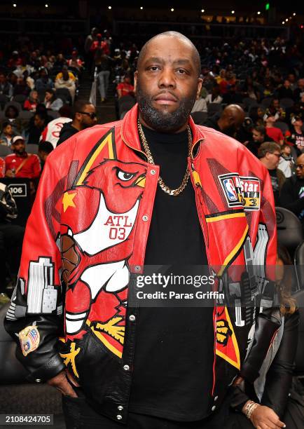 Rapper Killer Mike attends the game between the Atlanta Hawks and the Charlotte Hornets at State Farm Arena on March 23, 2024 in Atlanta, Georgia....