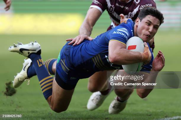 Mitchell Moses of the Eels scores a try during the round three NRL match between Parramatta Eels and Manly Sea Eagles at CommBank Stadium, on March...