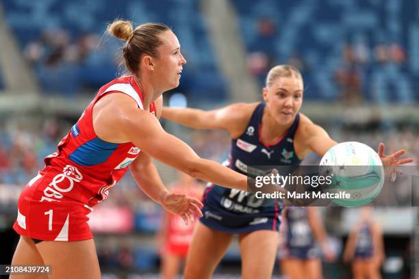 Paige Hadley of the Swifts passes the ball during the 2024 Suncorp Team Girls Cup match between the Vixens and the Swifts at Ken Rosewall Arena on...