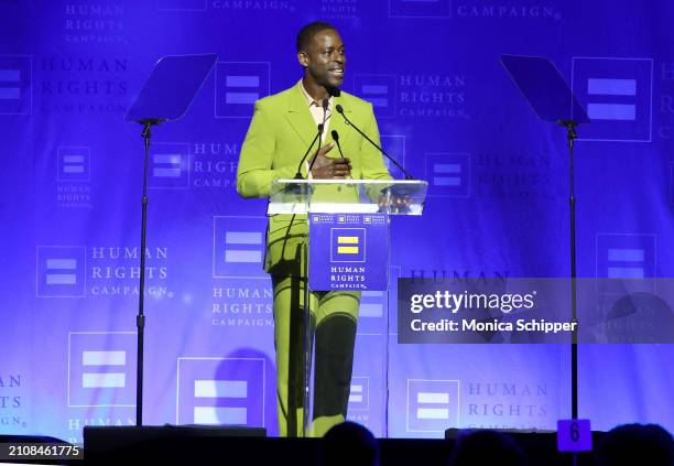 Sterling K. Brown speaks onstage during the Human Rights Campaign's 2024 Los Angeles Dinner at Fairmont Century Plaza on March 23, 2024 in Los...