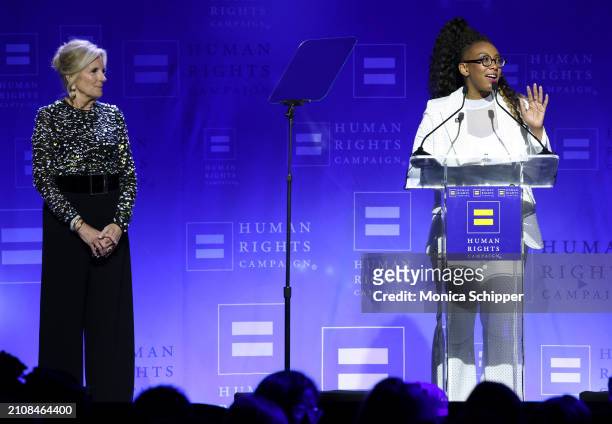 Dr. Jill Biden and Kelley Robinson, President, Human Rights Campaign speak onstage during the Human Rights Campaign's 2024 Los Angeles Dinner at...