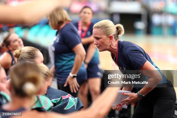 Head coach Di Honey gives instructions to her team during the 2024 Suncorp Team Girls Cup match between the Vixens and the Swifts at Ken Rosewall...