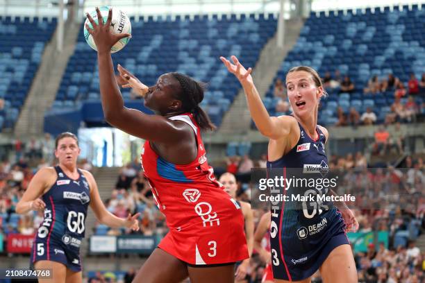 Sam Wallace-Joseph of the Swifts competes with Emily Mannix of the Vixens during the 2024 Suncorp Team Girls Cup match between the Vixens and the...