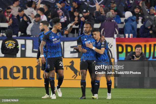 Jeremy Ebobisse of the San Jose Earthquakes celebrates scoring with teammates during a game between Seattle Sounders FC and San Jose Earthquakes at...