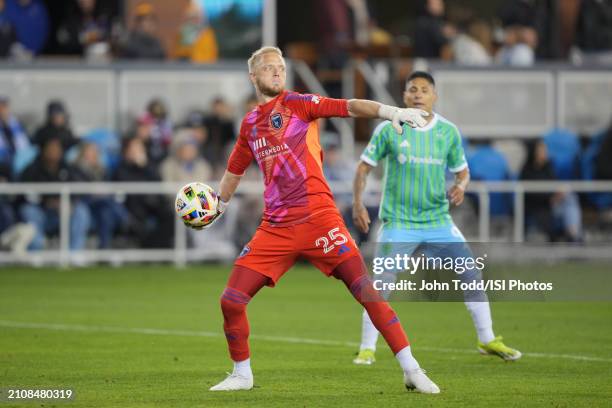 William Yarbrough of the San Jose Earthquakes is distributes the ball during a game between Seattle Sounders FC and San Jose Earthquakes at PayPal...